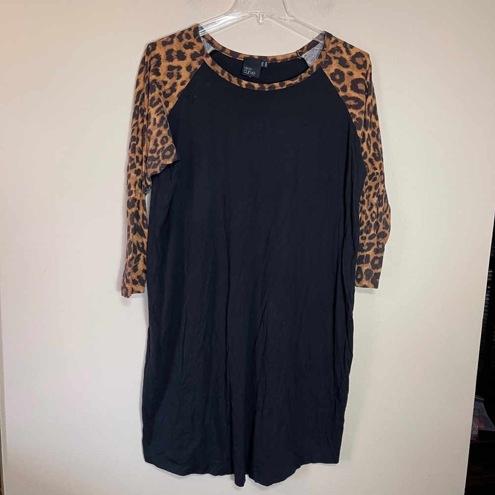 ASOS Curve Womens Black Leopard Print Raglan 3/4 Sleeve T-Shirt Dress Plus 20